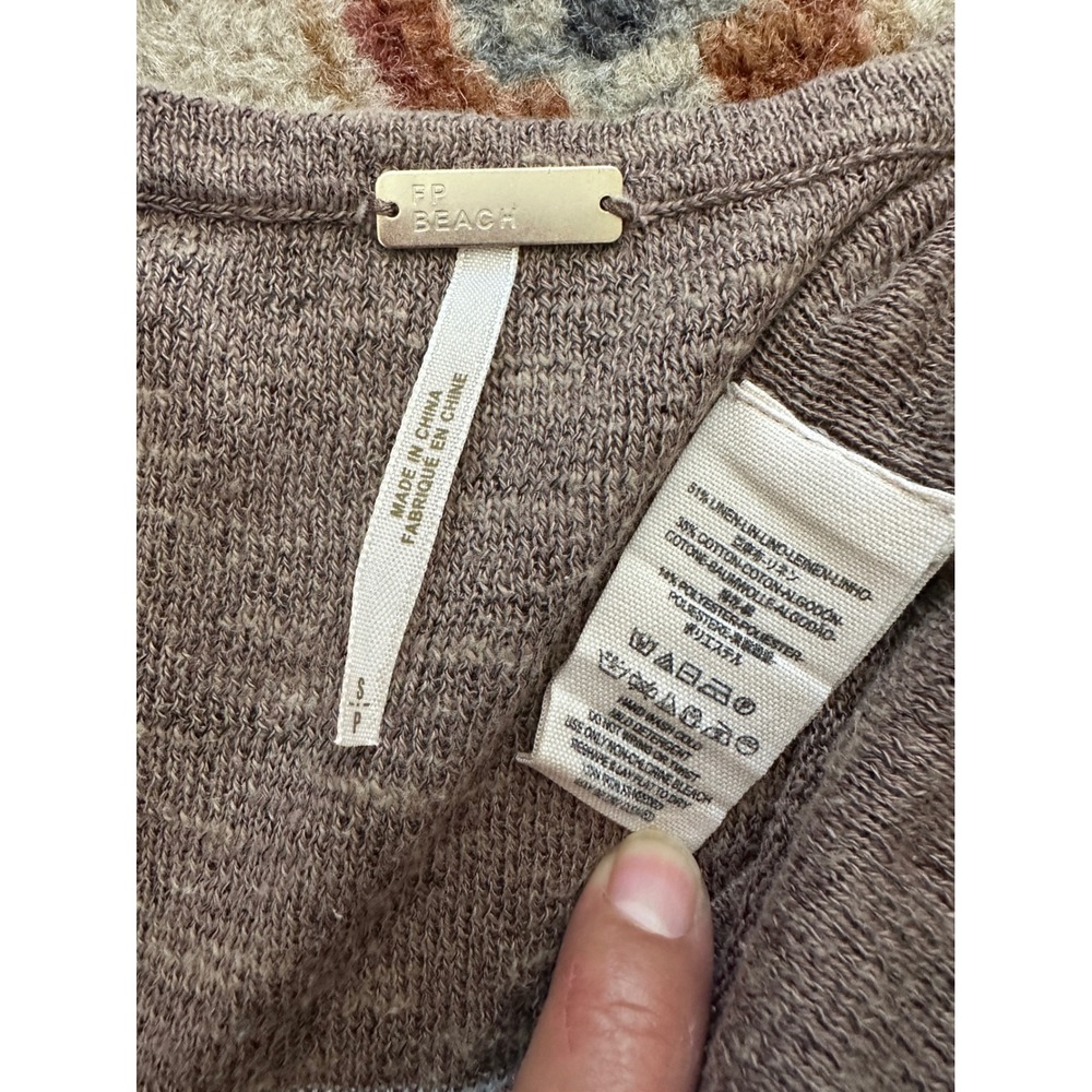 Free People Beach Brown Striped Linen Blend Henley Long Sleeve Top Size Small - Picture 7 of 7